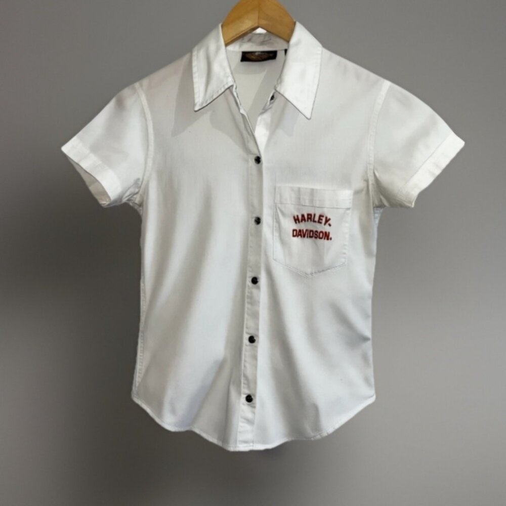 Harley Davidson Stretch Button Shirt XS White Red HD Logo Moto Top Short Sleeve